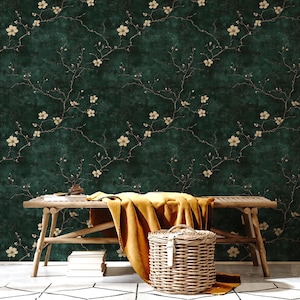 Dark Green Botanical Wallpaper Chinoiserie Ivy, Peel and Stick