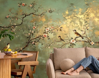 Green Gold Aged Texture Chinoiserie Blossom Wallpapers, Wall Mural