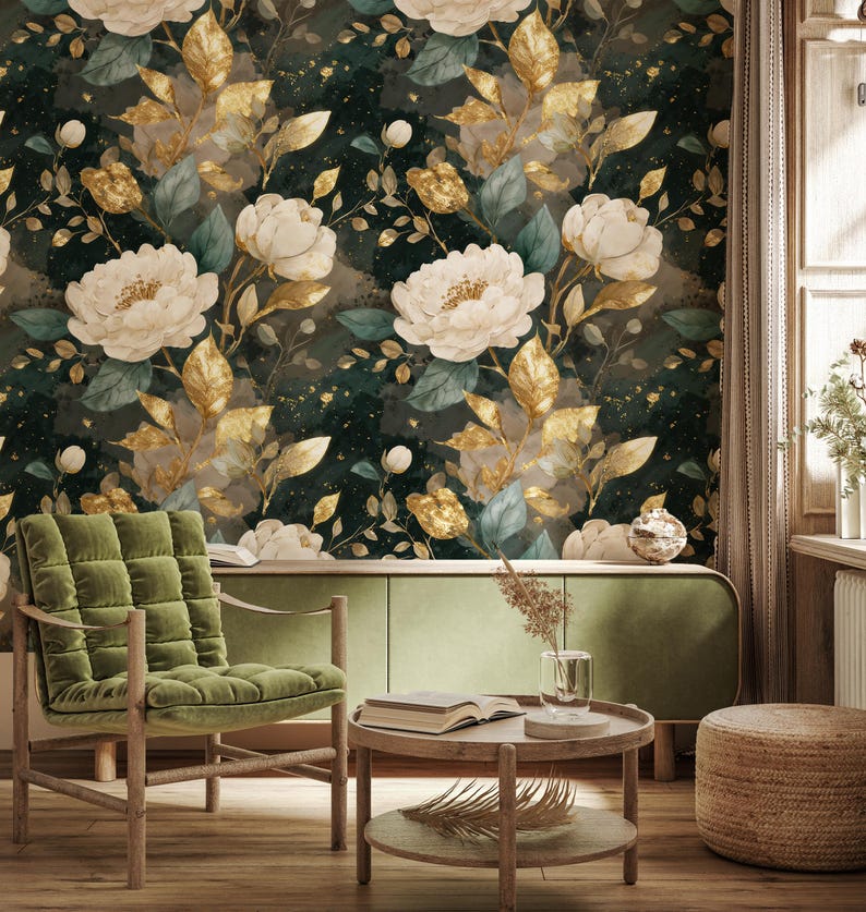 Green Watercolor Gold Foil Peony Beige Wallpaper Murals, Beige Floral ...
