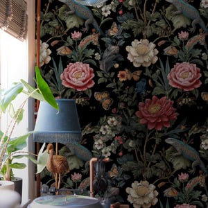 Botanical Lizard Wallpaper, Butterfly Reptile Moody Wall Murals