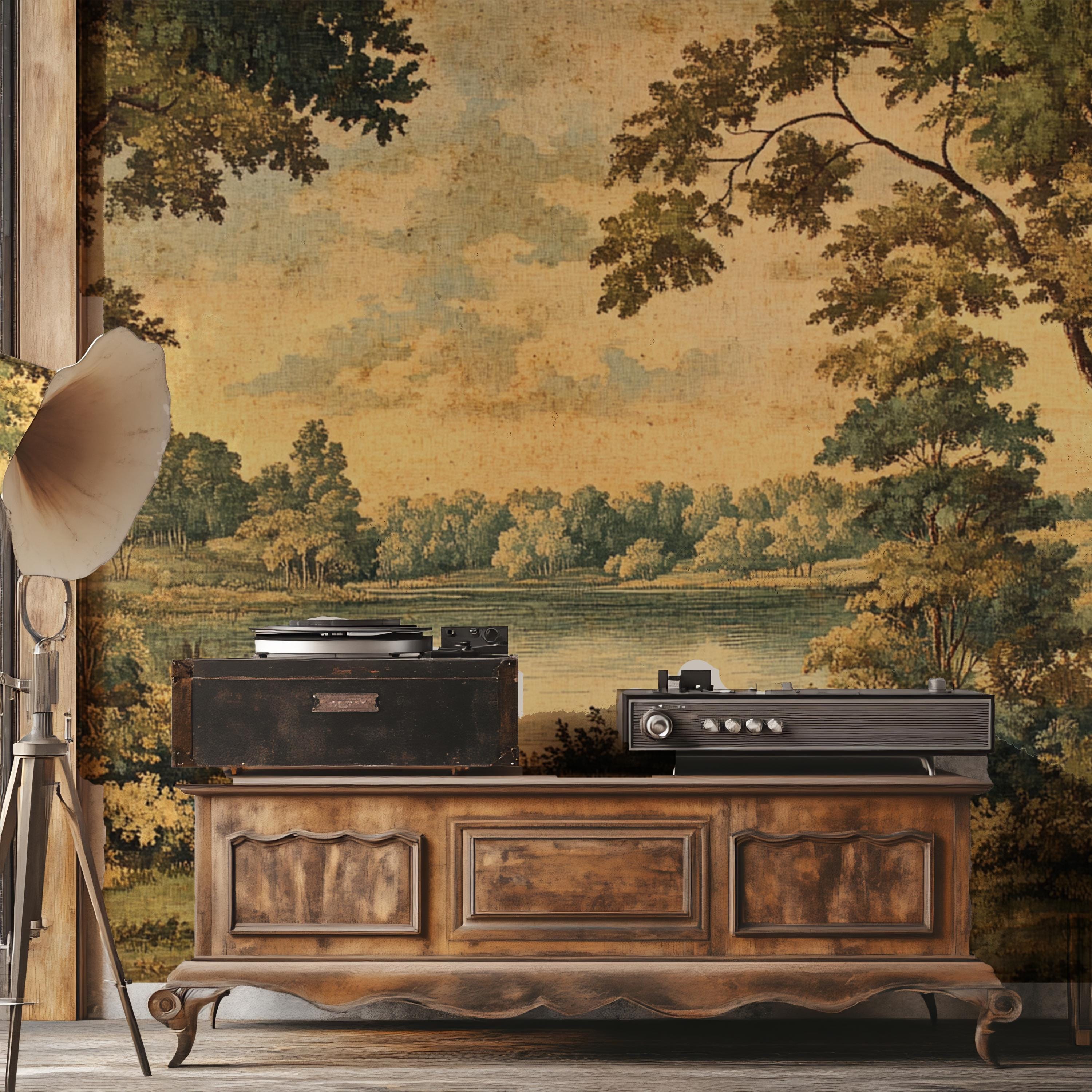 Vintage Lake and Forest Landscape Wallpaper, Peel and Stick Wall Murals ...