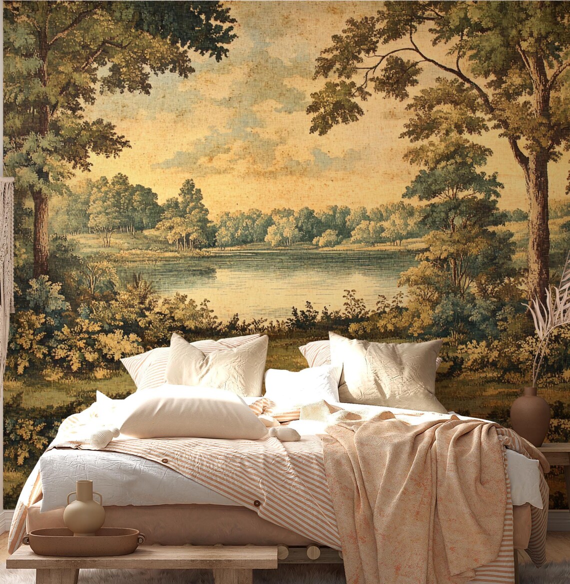 Vintage Lake and Forest Landscape Wallpaper, Peel and Stick Wall Murals ...
