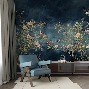 Dark Navy Watercolor Chinoiserie Blossom Wallpapers, Wall Mural