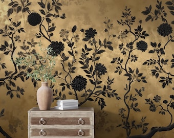 Gold Chinoiserie Black Floral Wallpaper, Peel stick Interior WallMural