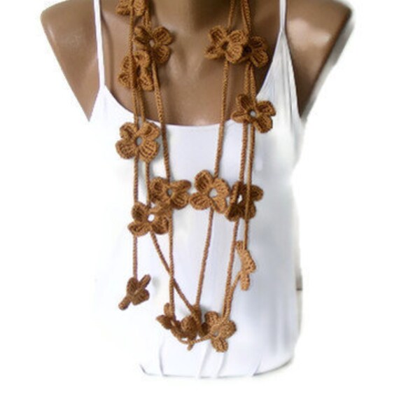 women scarf, Crochet Brown Flower Lariat Scarf, Fashion Flower Scarves, Necklace, hand crocheted scarves