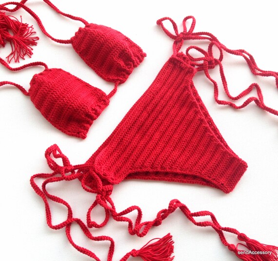 Red Crochet Bikini Bikini Set Womens Swimwear Swimsuits Etsy