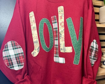 JOLLY Patchwork Christmas Sweatshirt | Handmade Appliqué Holiday Sweater