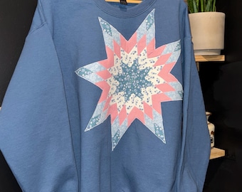 Vintage Patchwork Star Crewneck Sweatshirt | Handmade Floral Quilt Star Pullover | Cottagecore Blue Sweatshirt | One of a Kind