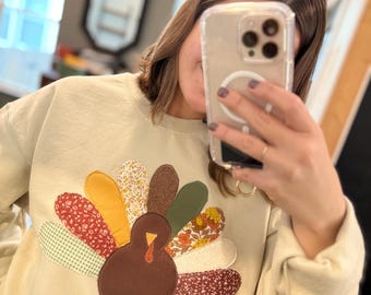Handmade Patchwork turkey Crewneck | Cozy Fall / Thanksgiving | Each turkey Design is Unique