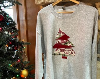 Patchwork Christmas Tree Crewneck  | Handmade Appliqué | Grey Sweatshirt | Cozy Holiday Pullover | One-of-a-Kind Christmas Gift