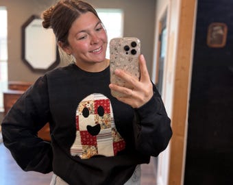 Handmade Patchwork ghost Crewneck | Cozy Fall / Halloween | Each ghost Design is Unique