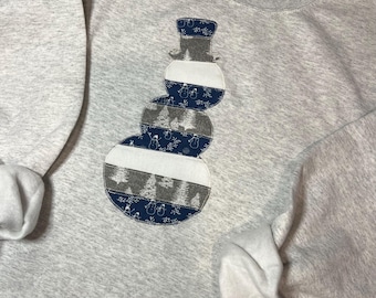 Patchwork Snowman Crewneck | Handmade Appliqué | Cozy Winter Sweatshirt | One-of-a-Kind Holiday Pullover | Grey Crewneck