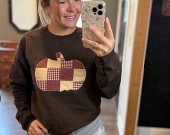 Handmade Patchwork Pumpkin Crewneck | Cozy Fall | Each Pumpkin Design is Unique