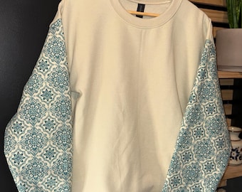 Patchwork Tile Sleeve Sweatshirt | Upcycled Fabric Crewneck (M)