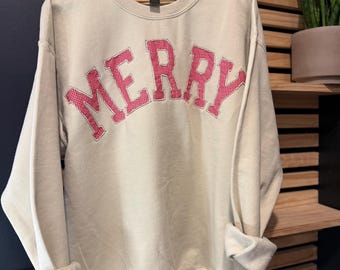 MERRY Christmas Sweatshirt | Appliqué Gingham Holiday Crewneck Handmade