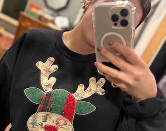 Handmade Patchwork Reindeer Christmas Sweatshirt | Appliqué Holiday Crewneck