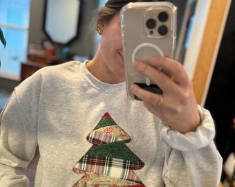 Patchwork Christmas Tree Crewneck  | Handmade Appliqué | Grey Sweatshirt | Cozy Holiday Pullover | One-of-a-Kind Christmas Gift