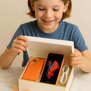Könnte beinhalten: Eine weiße Geschenkbox mit goldenen Verzierungen, die eine orangefarbene Handyhülle, ein Smartphone mit rotem und orangefarbenem Bildschirmdesign und ein weißes Ladekabel enthält. Die Box ist mit einem Pfirsichband gebunden.