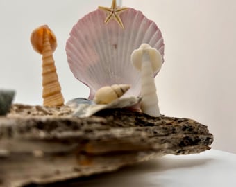 Handmade Driftwood Nativity Scene with Seashell Figures: Coastal Christmas Decor