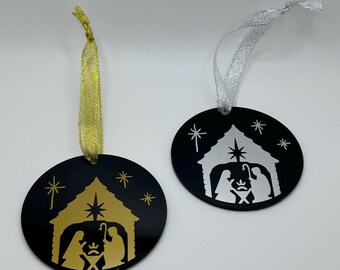 Nativity Scene Christmas Ornament – Gold or Silver Holiday Decor