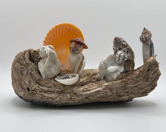 Handmade Driftwood Nativity Scene with Shell Figures – Coastal Christmas Décor