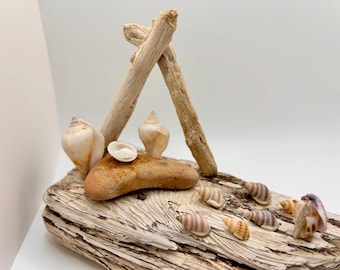 Handmade Driftwood Nativity Scene with Seashell Figures: Coastal Christmas Decor