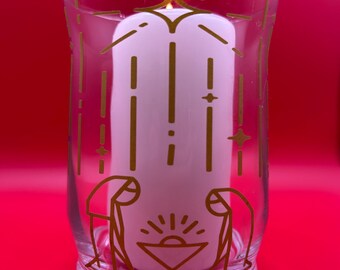 Gold Nativity Glass Candle Holder – Handmade Christmas Luminary