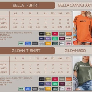 May include: A size chart for Bella and Gildan t-shirts, showing sizes XS to 5XL, with width, length, and sleeve measurements in centimetres. Features colour options such as black, navy, and red, and fabric details.