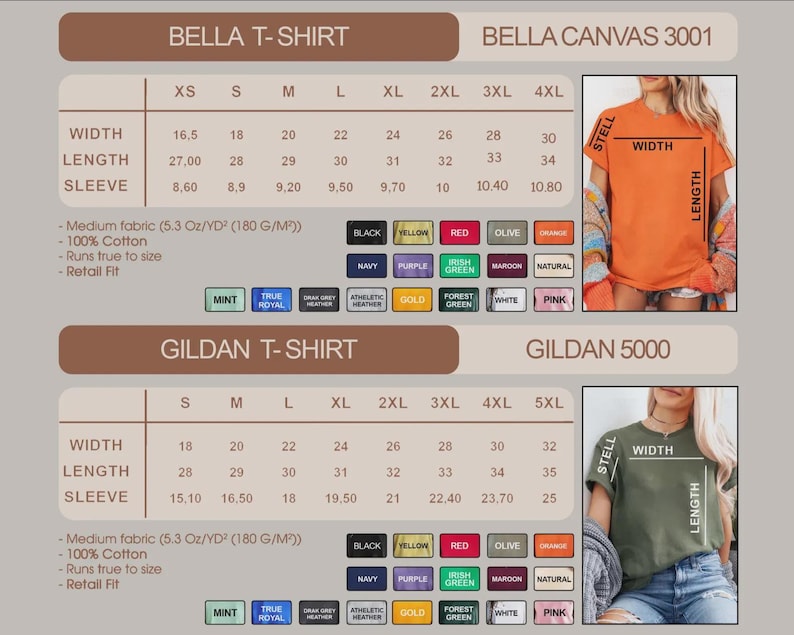 May include: A size chart for Bella and Gildan t-shirts, showing sizes XS to 5XL, with width, length, and sleeve measurements in centimetres. Features colour options such as black, navy, and red, and fabric details.