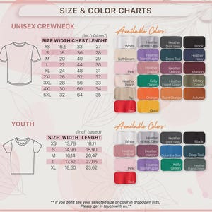 May include: Size and colour charts for unisex crewneck and youth t-shirts. Includes size, width, chest, and length measurements in inches. Available colours include white, black, pink, and more. Text: "If you don't see your selected size or colour in dropdown lists, Please get in touch with us."