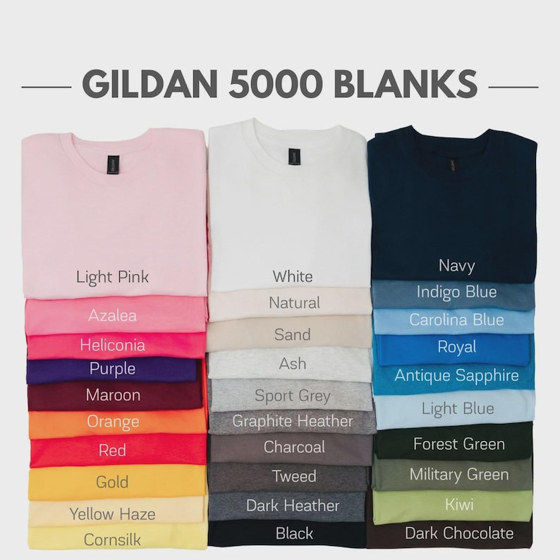 May include: A selection of folded Gildan 5000 blank t-shirts in a range of colours, such as light pink, white, and navy. The image features a colour chart with names like "Azalea," "Royal," and "Kiwi."