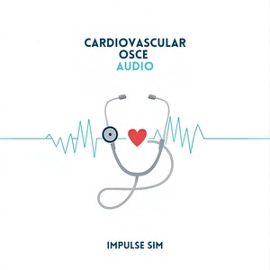 Könnte beinhalten: Medizinische Grafik mit Stethoskop, rotem Herz und türkisfarbener EKG-Linie. Der Text lautet "Cardiovascular OSCE Audio" und "Impulse Sim" auf weißem Hintergrund.