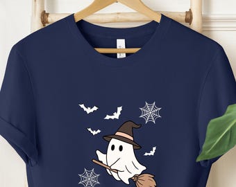 Spooky Ghost Halloween T-Shirt: Soft Cotton, Bats & Witches Design