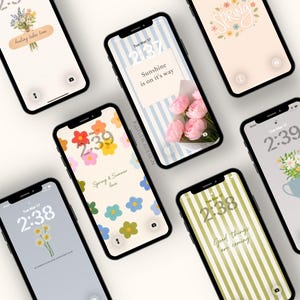 May include: Several smartphones with floral and motivational wallpapers. The screens show diverse designs, including bouquets, striped patterns, and the phrases "healing takes time," "Sunshine is on it's way," and "Good things are coming."