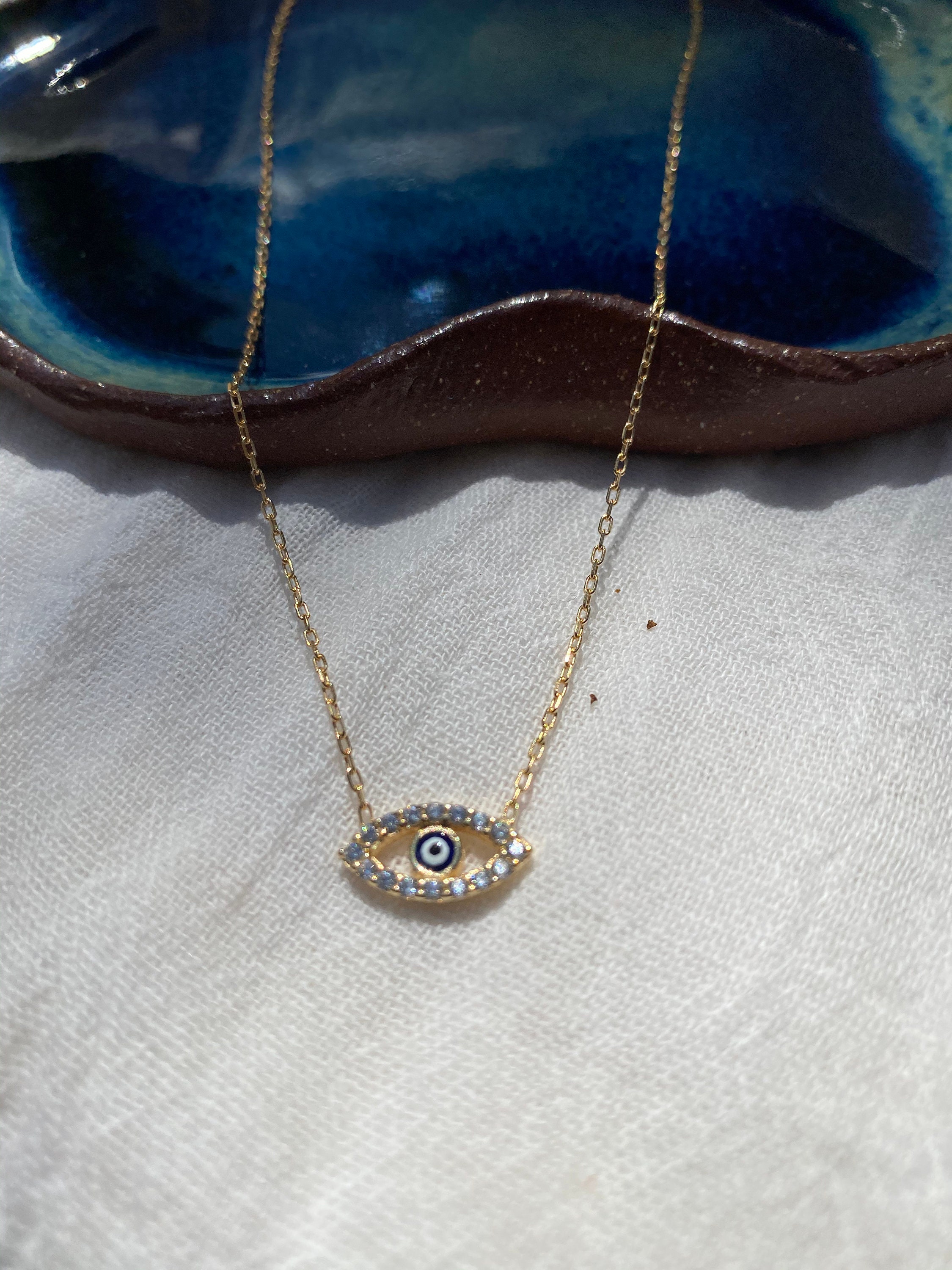 14k Solid Yellow White or Rose Gold Fine Jewelry Nazar Protection Pendant Necklace for Women 14k Gold Circle Evil Eye Necklace
