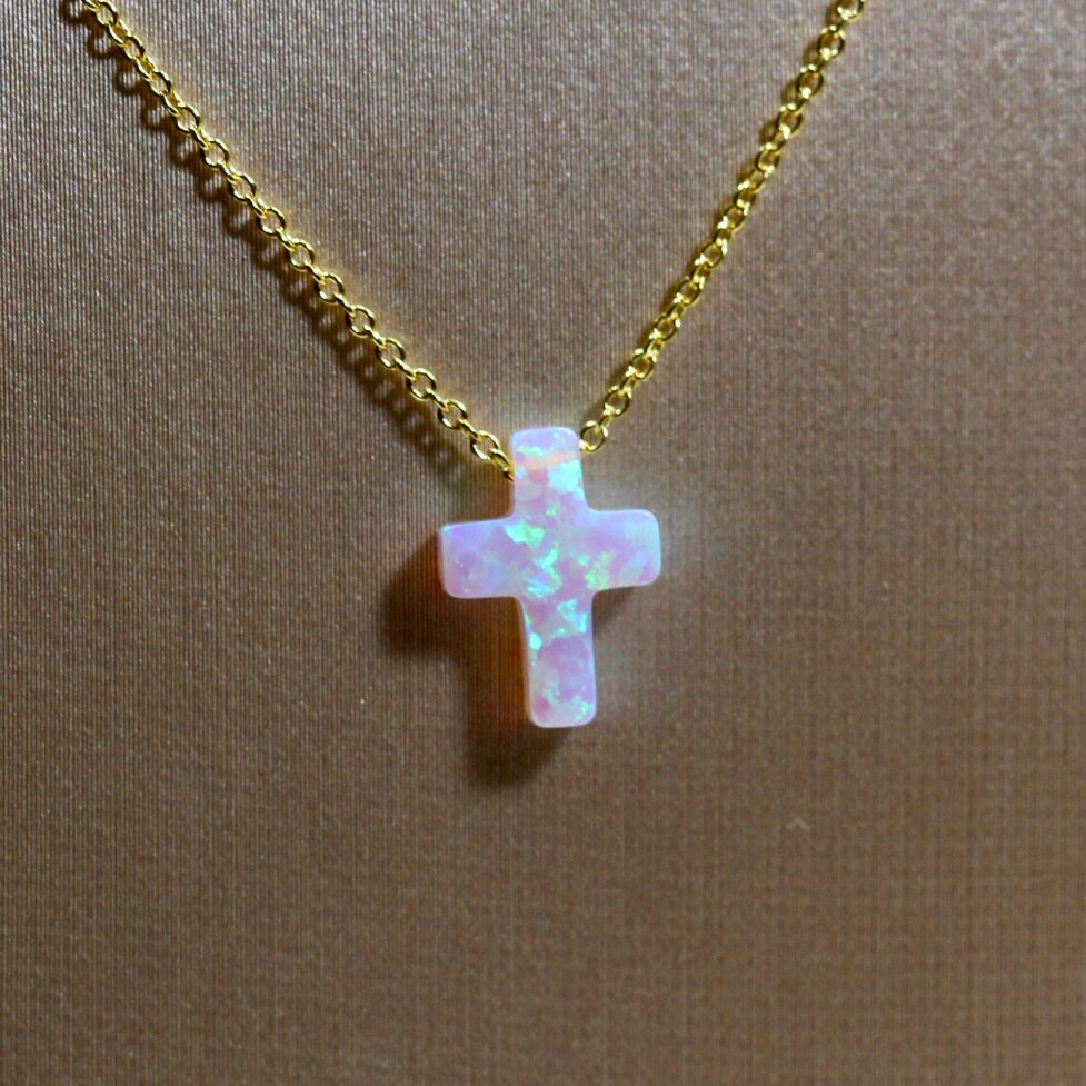 14k Yellow Gold White Opal Cross Necklace Opal Necklace Opal Etsy