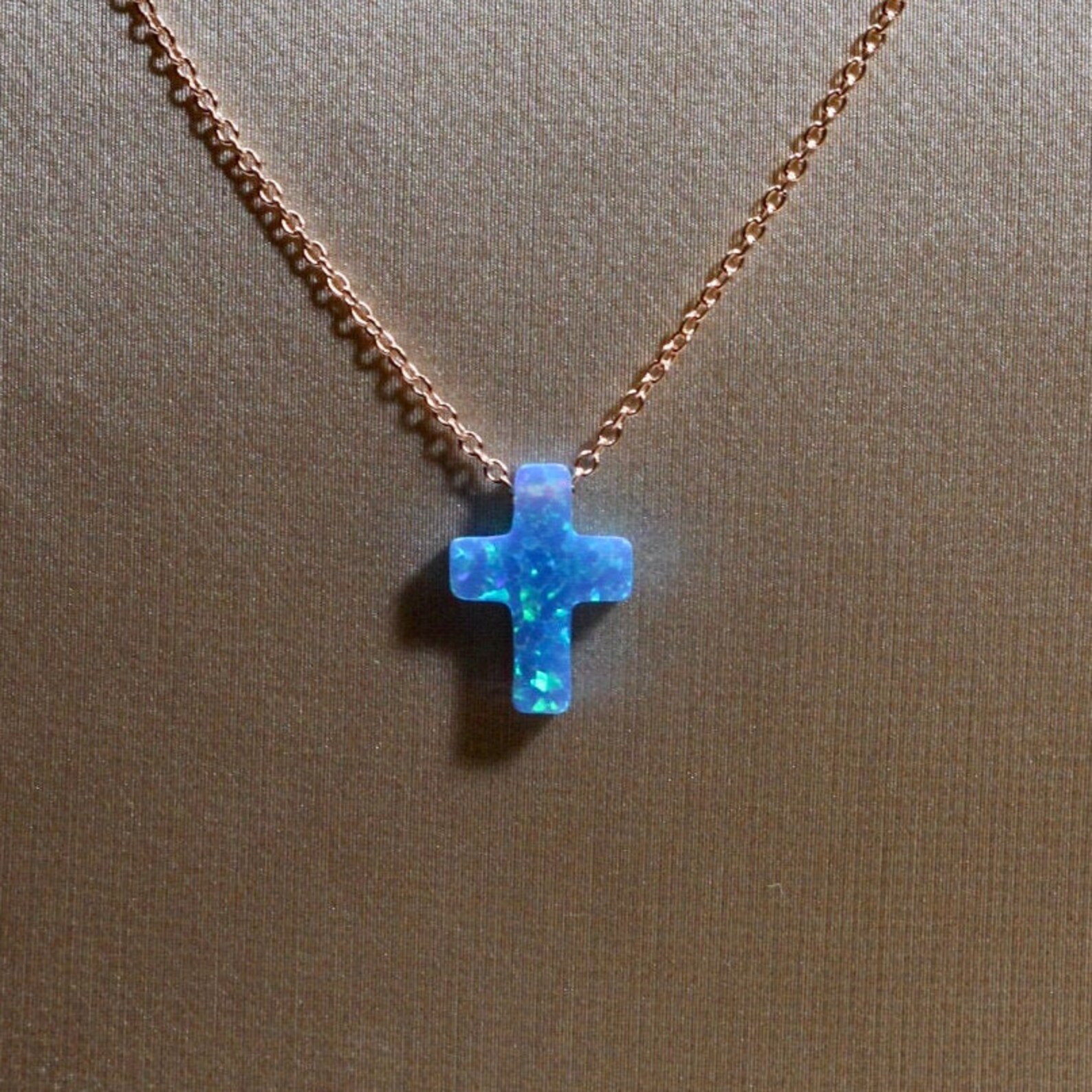 14K Rose Gold Blue Opal Cross Necklace Opal Necklace Opal | Etsy