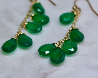 Handmade 14K Yellow Gold Green Onyx Earring, Green Gemstone Earring, Green Onyx Earring
