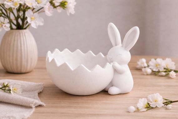 3D Printed Bunny Eggshell Bowl | Minimalist Easter Decor | Spring Candy Dish | Cute Rabbit Catchall | Easter Table Centerpiece