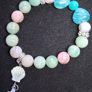 Amazonite and Pink Opal Beach Bracelet, 10mm Gemstone Bracelet with Amazonite Hearts, Shell and Opalite Turtle Charm,Ocean Inspired,7.5"