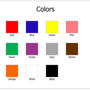 Puede incluir: Sobre un fondo blanco, la palabra "Colors" encabeza una cuadr&iacute;cula de diez cuadrados de colores. Los cuadrados son rojo, azul, amarillo, rosa, verde, morado, gris, marr&oacute;n, naranja, blanco y negro.