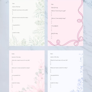 May include: Digital download of four unique daily gratitude journal designs. Printable PDF fillable templates are available in A4 and US Letter sizes. The image includes the text: Daily Gratitude Journal Prompts Printable, Instant Download, for Organized Students and Professionals.