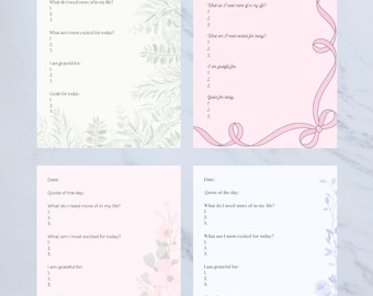 Puede incluir: Descarga digital con cuatro diseños únicos de diarios de gratitud diarios. Plantillas PDF rellenables imprimibles en tamaños A4 y US Letter. La imagen incluye el texto: Daily Gratitude Journal Prompts Printable, Instant Download, for Organized Students and Professionals.