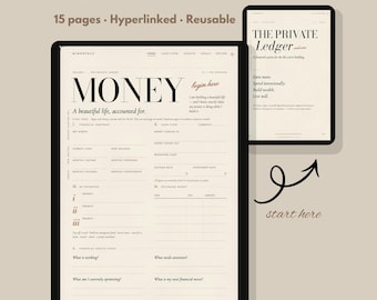 Puede incluir: Un planificador financiero digital para GoodNotes titulado THE PRIVATE LEDGER. La interfaz presenta un fondo beige con texto en negro, incluyendo secciones para el seguimiento de dinero, metas financieras y deudas en 15 páginas.