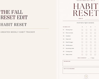 Puede incluir: Un rastreador de hábitos semanal sin fecha titulado The Fall Reset Edit. El documento presenta una cuadrícula para seguir nueve hábitos diarios durante siete días, con secciones para objetivos y reflexiones semanales, en texto rojo oscuro sobre fondo crema.