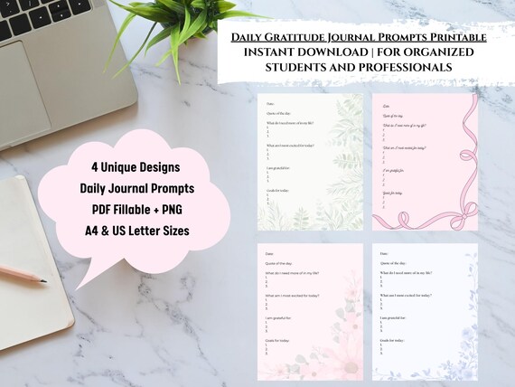 Daily Gratitude Journal Printable | 4-Design Bundle | Fillable PDF + PNG | GoodNotes iPad Planner | Instant Download