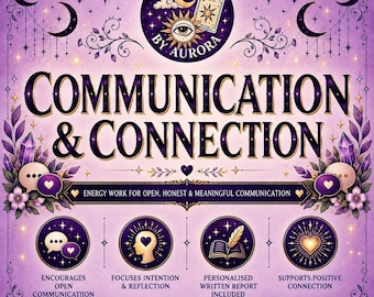 以下が含まれることがあります： Spells by Auroraによる「COMMUNICATION & CONNECTION」と題された紫色のグラフィックポスター。天体のモチーフ、クリスタル、そしてオープンなコミュニケーション、意図、書面によるレポート、ポジティブなつながりを表す4つの円形アイコンが描かれています。