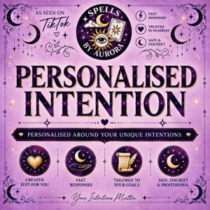 May include: A purple graphic advertisement for Spells by Aurora featuring the text Personalised Intention, Personalised Around Your Unique Intentions, and Your Intentions Matter. The design includes celestial icons, moons, stars, and tarot cards.