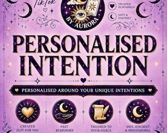 以下が含まれることがあります： Spells by Auroraの紫色のグラフィック広告。Personalised Intention、Personalised Around Your Unique Intentions、Your Intentions Matterというテキストが記載されています。デザインには天体のアイコン、月、星、タロットカードが含まれています。