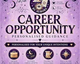 以下が含まれることがあります： SPELLS BY AURORAによるCAREER OPPORTUNITY PERSONALISED GUIDANCEと題された紫色のグラフィック広告。ブリーフケース、月、巻物、星のアイコンが特徴で、AS SEEN ON TikTok、FAST RESPONSES、Your Intentions Matterなどのテキストが含まれています。